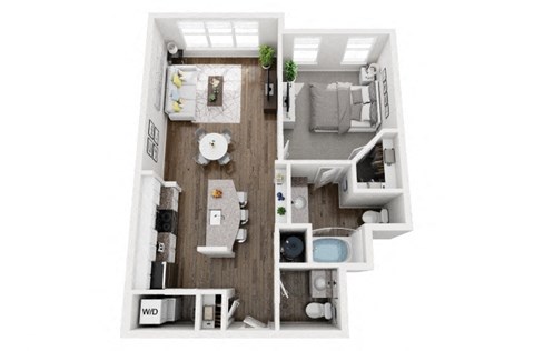 Floor plan for 1 bed, 1.5 baths, 783 sqft